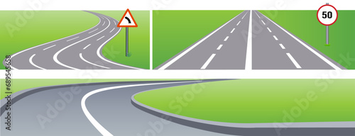 Set of roads leading to the top of the hill for use as design elements. Vector illustration isolated on white background.