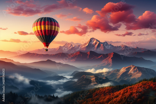 Multicolored hot air balloon, flying over the cloudy sky. Generative AI. © Agustin