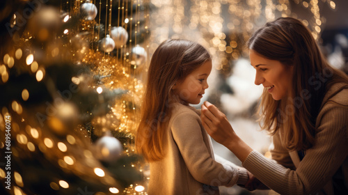 little girl with her mom decorating a Christmas tree