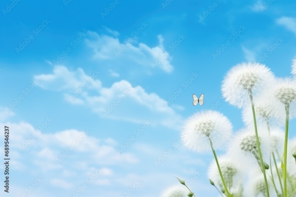 Obraz premium butterfly and dandelions on blue sky. Vibrant blue sky with fluffy white clouds. White dandelions with flying butterfly.