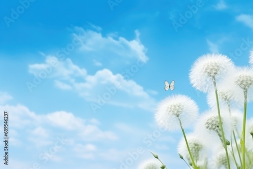 butterfly and dandelions on blue sky. Vibrant blue sky with fluffy white clouds. White dandelions with flying butterfly.