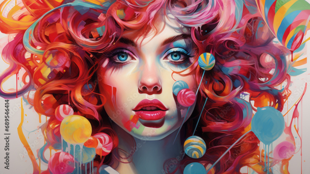 Lollipop girl portrait in the style of vibrant graffiti