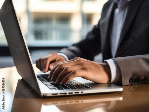 Close-up of hands typing on a laptop. Concept embodies modern work efficiency. © Anna