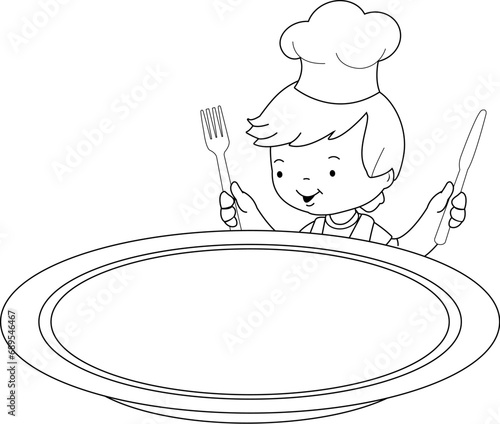 Chef boy looking over an empty plate. Child cook eating, waiting for food. Vector black and white coloring page.