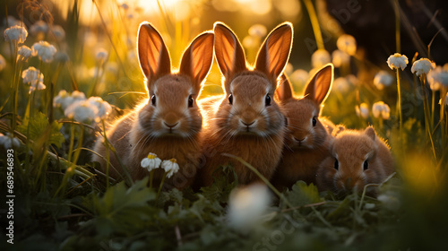 A family of rabbits, with a sea of green grass as the background, during their playtime in the warm afternoon photo