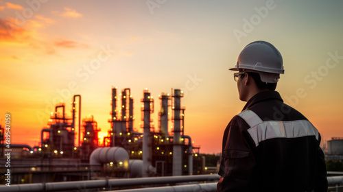 Male petrochemical engineer wearing uniform, standing outdoors near the factory © standret
