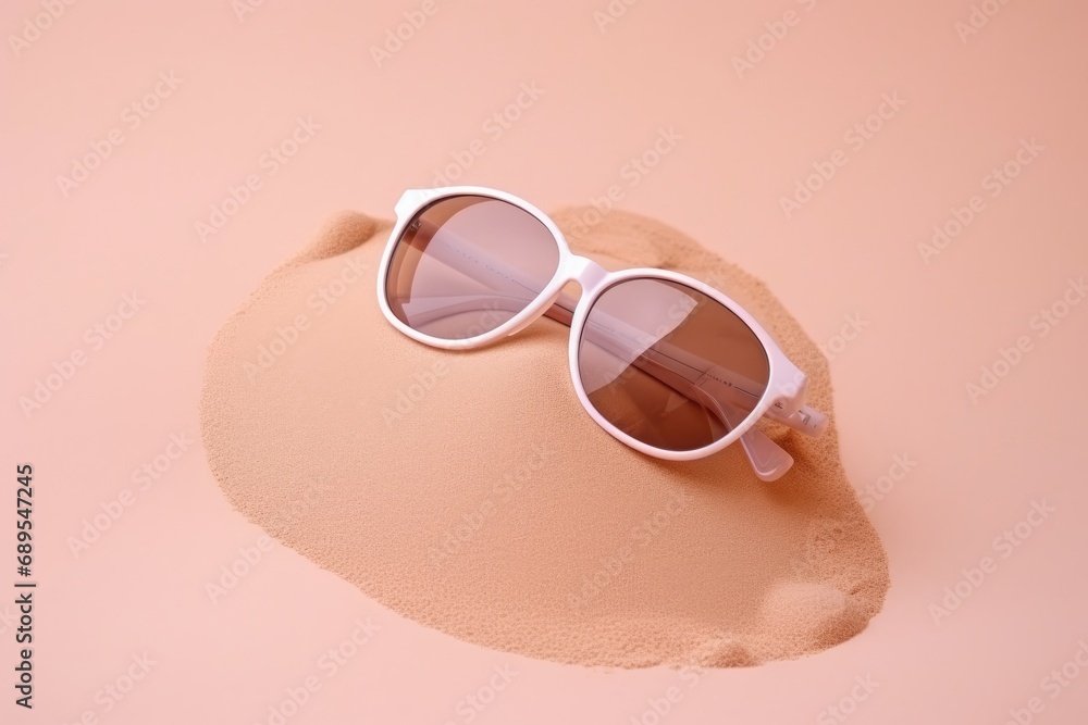 Sunglasses and sand on pastel background. UV safety awareness. Beach vacation. Sunglasses and sand on pastel background. UV safety awareness. Beach vacation.