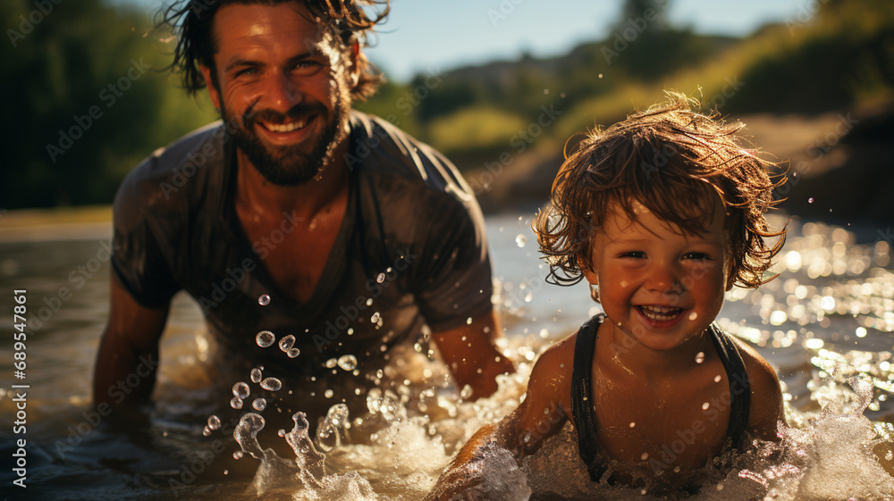 Obraz premium happy father and son playing with sea water on the beach