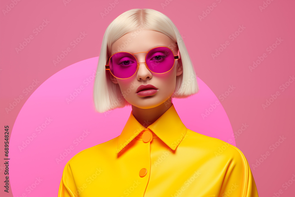 blond model wearing yellow, editorial fashion shoot on pink studio background with circle