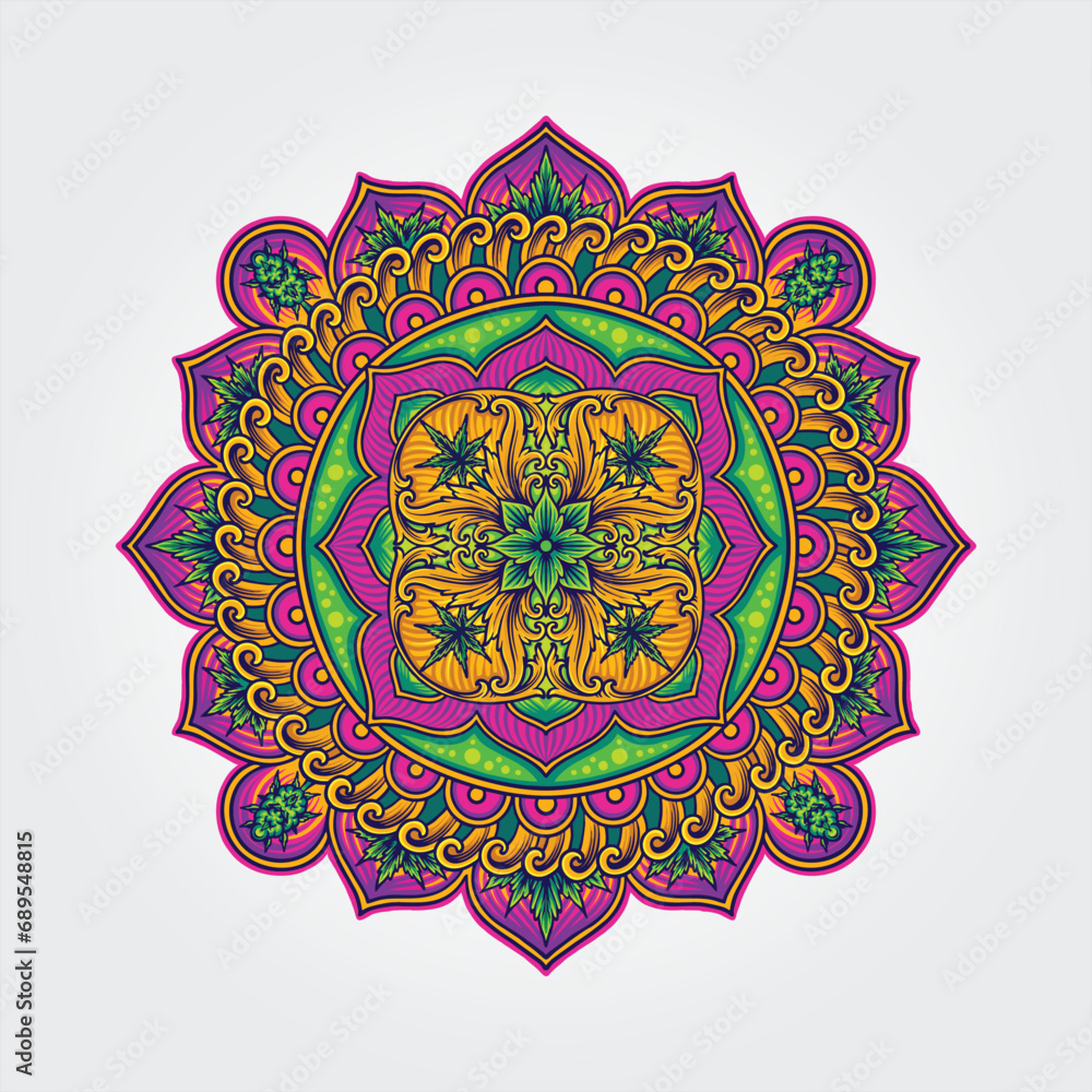 Weed leaf harmony lotus mandala ornament vector illustrations for your work logo, merchandise t-shirt, stickers and label designs, poster, greeting cards advertising business company or brands.
