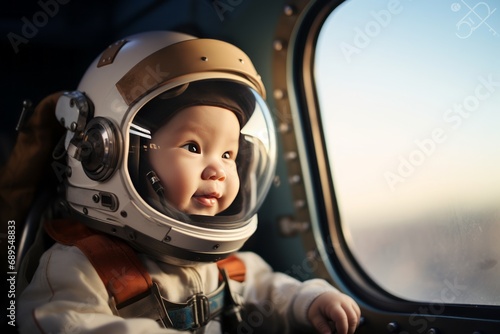 boy dressed in astronaut clothing is traveling in space © OLKS_AI