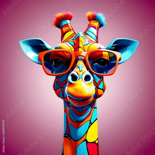 Cartoon colorful giraffe with sunglasses on white background. Created with generative AI 