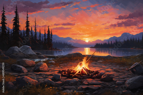 sunset on the lake, sunset in the mountains, sunset in the forest, fire in the forest, Bonfire in the forest at morning twilight, Campfire in the forest at forest, Camping concept