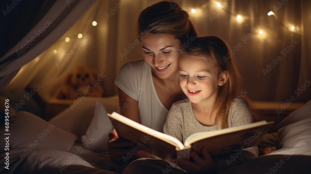 Mother and daughter reading bedtime story in cozy atmosphere Mother and daughter reading bedtime story in cozy atmosphere