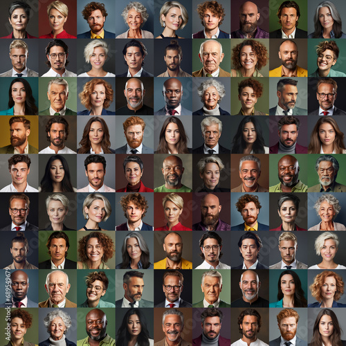 Collage of adult people of many ages in front of dark backgrounds photo