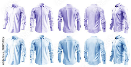 2 Set of pastel light blue purple violet button up long sleeve collar shirt front, back and side view on transparent background cutout, PNG file. Mockup template for artwork graphic design 