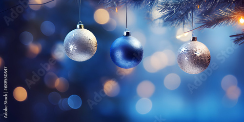 Festive Ornaments Adorning a Christmas Tree  Baubles Hanging on Fir Branches with Glittering Lights A Mesmerizing Abstract Defocused Background with Bokeh Effects Blue Christmas Splendor