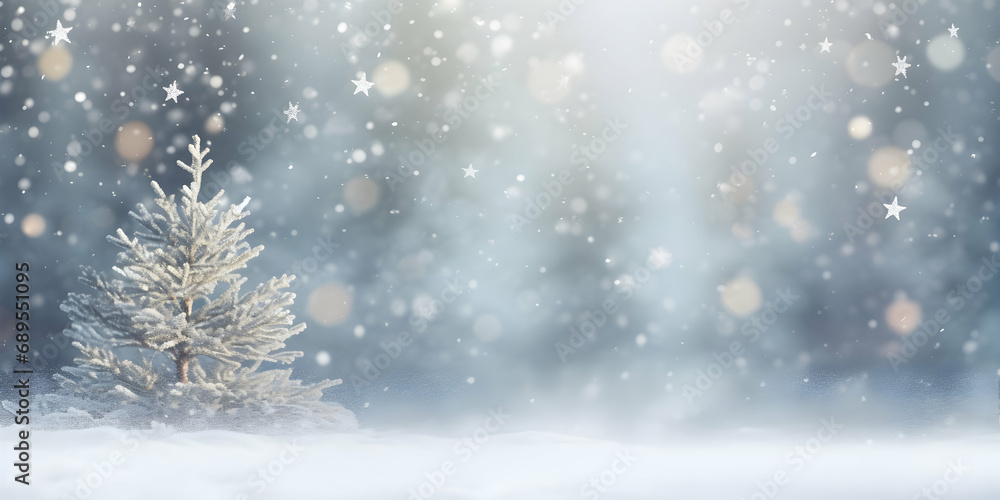 A Winter Landscape Featuring a Snow Covered Fir Tree with a Forest in the Background, Adorned by Abstract Defocused Snowflakes