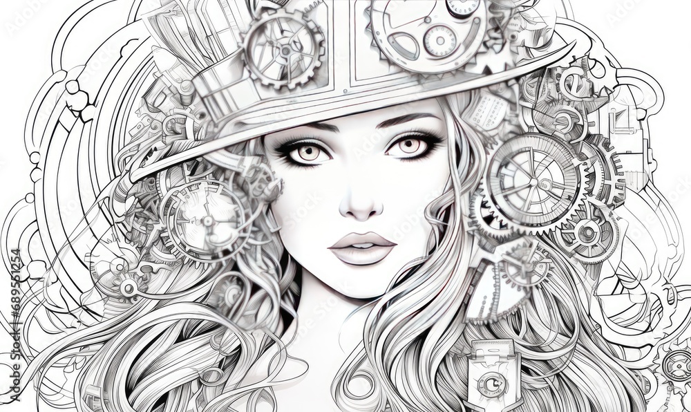 A drawing of a woman wearing a hat with gears on it