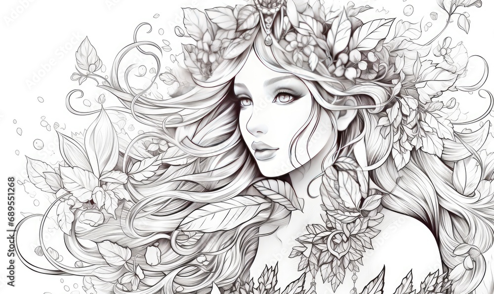 A woman with long hair and flowers on her head A woman with long hair and flowers on her head