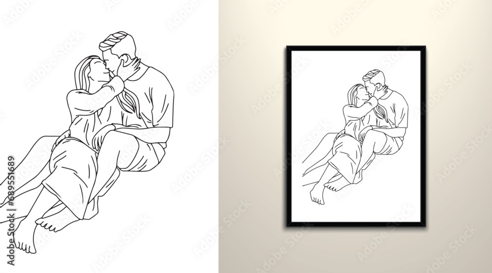 Couple hugging lovey drawing vector illustration 