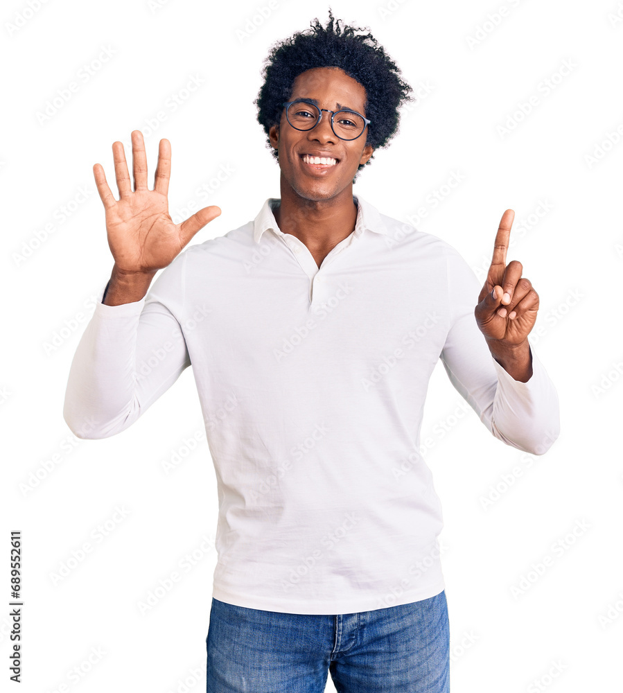 Handsome african american man with afro hair wearing casual clothes and glasses showing and pointing up with fingers number six while smiling confident and happy. Handsome african american man with afro hair wearing casual clothes and glasses showing and pointing up with fingers number six while smiling confident and happy.