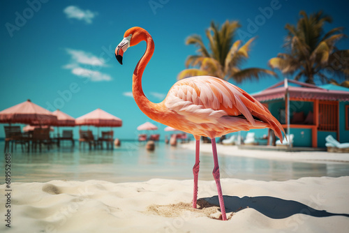 Flamingo on the tropical beach with palm trees, exotic holiday and summer concept, travel destination