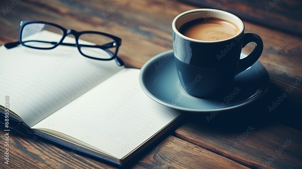Coffee cup and notebook on wooden table. Top view with copy space Coffee cup and notebook on wooden table. Top view with copy space