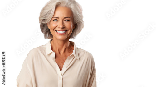 Portrait of a smiling senior woman with gray hair in a linen shirt, isolated on white background