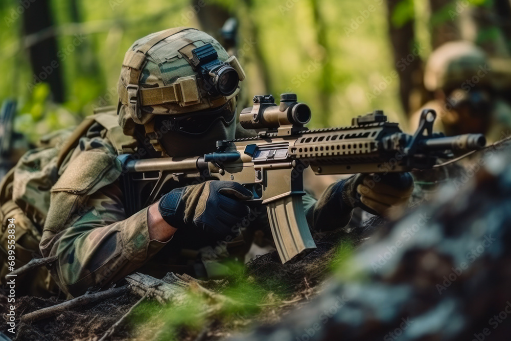 Soldier aiming rifle in forest. Concept of stealth and precision. Soldier aiming rifle in forest. Concept of stealth and precision.