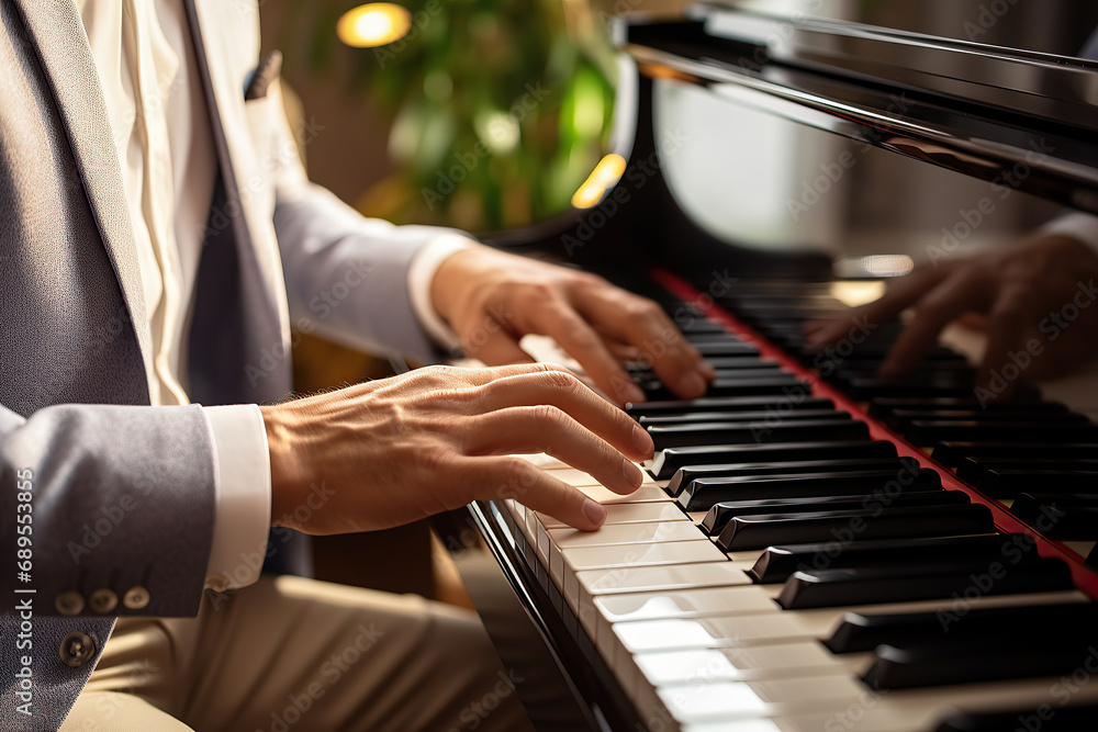 Fototapeta premium Close-up of male hands playing the piano. Focus on hands