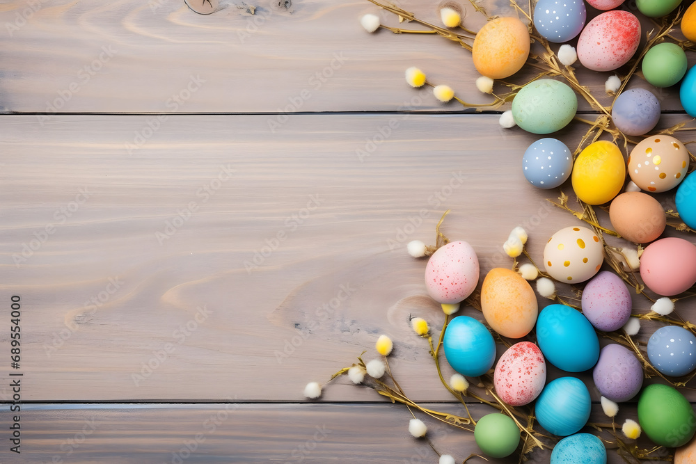 Obraz premium easter card, easter bunny with eggs, easter eggs and flowers, easter eggs in a basket, easter eggs and flowers on a white background, easter wall paper and background for social media