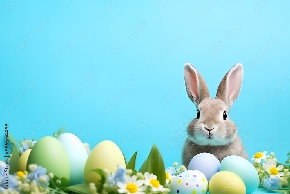 Obraz premium easter card, easter bunny with eggs, easter eggs and flowers, easter eggs in a basket, easter eggs and flowers on a white background, easter wall paper and background for social media