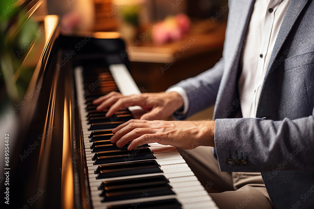 Obraz premium Close-up of male hands playing the piano. Focus on hands