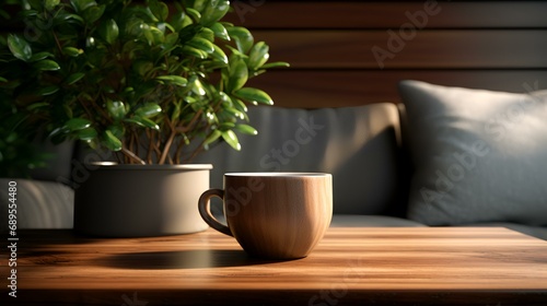 Coffee cup on wooden table in a coffee shop. 3d rendering
