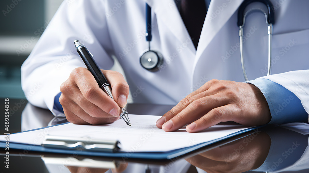 Close-up of male doctor filling up medical form while sitting at his working place. Healthcare and medical concept Close-up of male doctor filling up medical form while sitting at his working place. Healthcare and medical concept