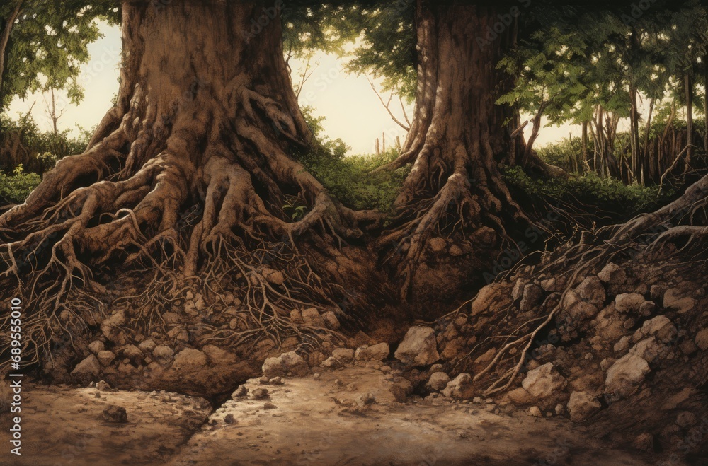 An old tree with large and strong roots An old tree with large and strong roots