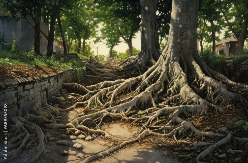An old tree with large and strong roots An old tree with large and strong roots