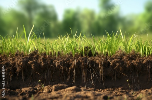 Grass earth and roots. Green grass with earth crosscut photo