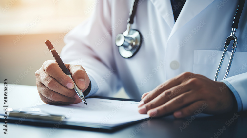 Close-up of male doctor filling up medical form while sitting at his working place. Healthcare and medical concept - obrazy, fototapety, plakaty 