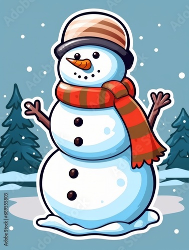 Snowman sticker with a scarf and hat on his head. The expression of a smile, AI © Vitalii But
