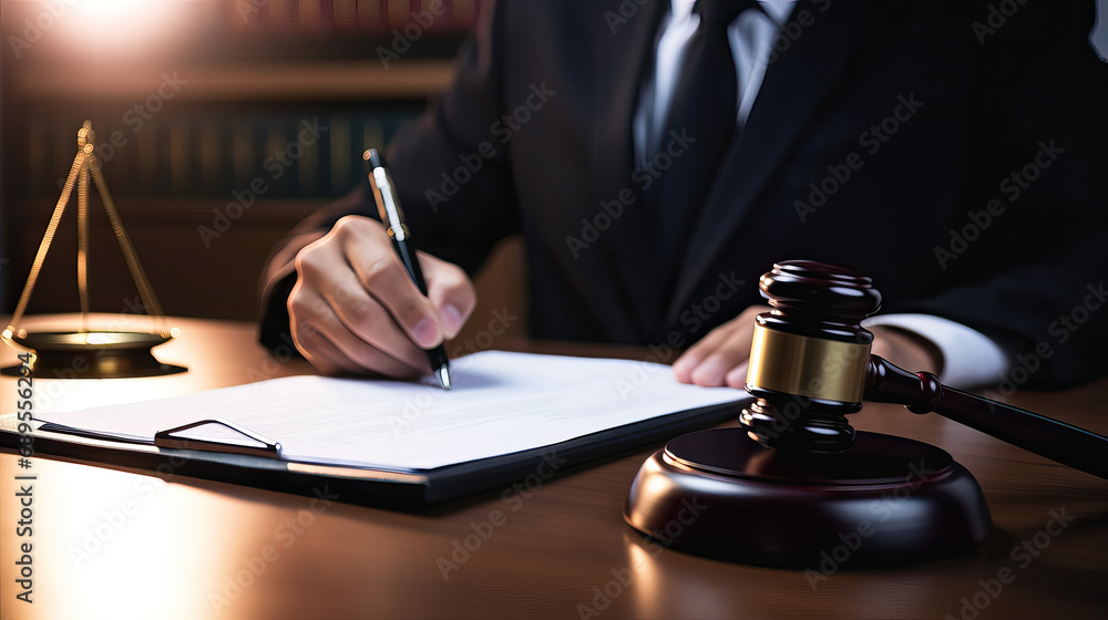Male lawyer or judge working with contract papers in courtroom, Law and Legal services concept Male lawyer or judge working with contract papers in courtroom, Law and Legal services concept