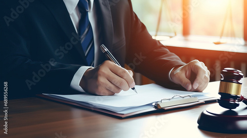Male lawyer or judge working with contract papers in courtroom, Law and Legal services concept © ttonaorh