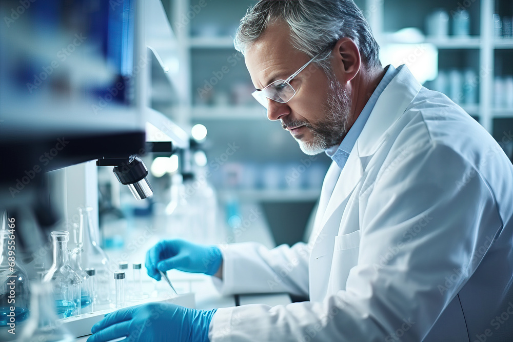 Serious scientist working with microscope in laboratory. Confident mature man in white coat and blue gloves looking at camera while doing research in scientific research laboratory Serious scientist working with microscope in laboratory. Confident mature man in white coat and blue gloves looking at camera while doing research in scientific research laboratory