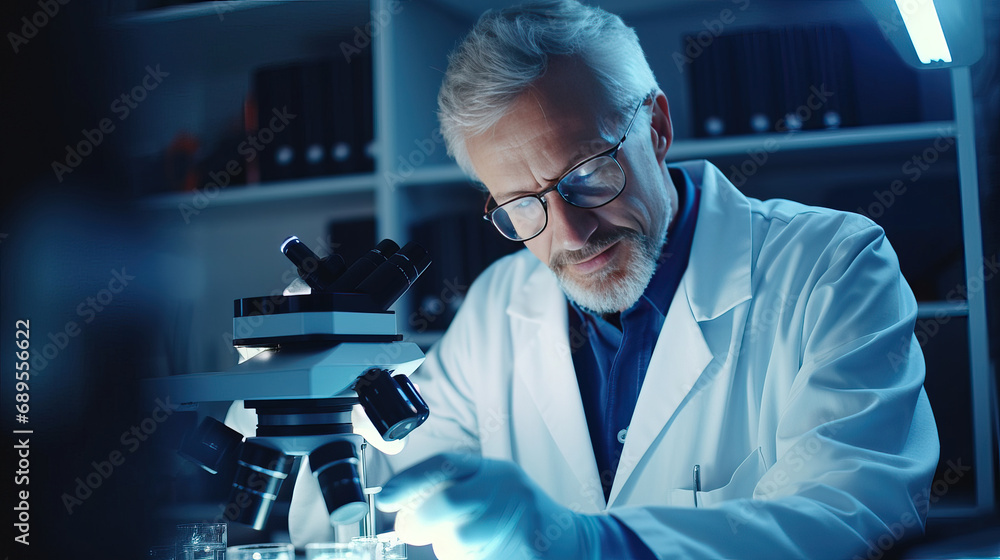 Serious scientist working with microscope in laboratory. Confident mature man in white coat and blue gloves looking at camera while doing research in scientific research laboratory Serious scientist working with microscope in laboratory. Confident mature man in white coat and blue gloves looking at camera while doing research in scientific research laboratory