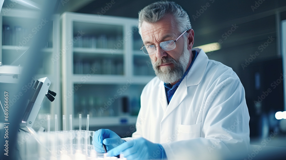 Serious scientist working with microscope in laboratory. Confident mature man in white coat and blue gloves looking at camera while doing research in scientific research laboratory Serious scientist working with microscope in laboratory. Confident mature man in white coat and blue gloves looking at camera while doing research in scientific research laboratory