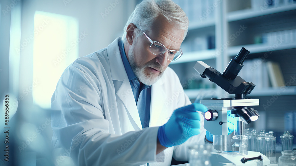 Serious scientist working with microscope in laboratory. Confident mature man in white coat and blue gloves looking at camera while doing research in scientific research laboratory Serious scientist working with microscope in laboratory. Confident mature man in white coat and blue gloves looking at camera while doing research in scientific research laboratory