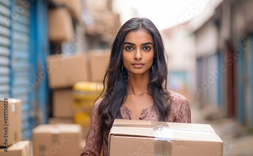 Pretty young indian woman holding a moving box on a street © artefacti