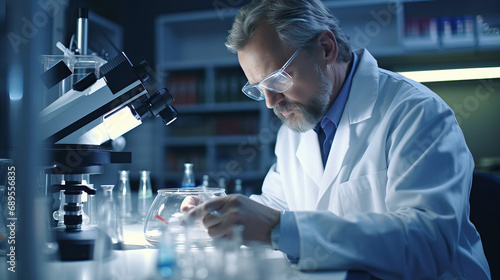 Serious scientist working with microscope in laboratory. Confident mature man in white coat and blue gloves looking at camera while doing research in scientific research laboratory