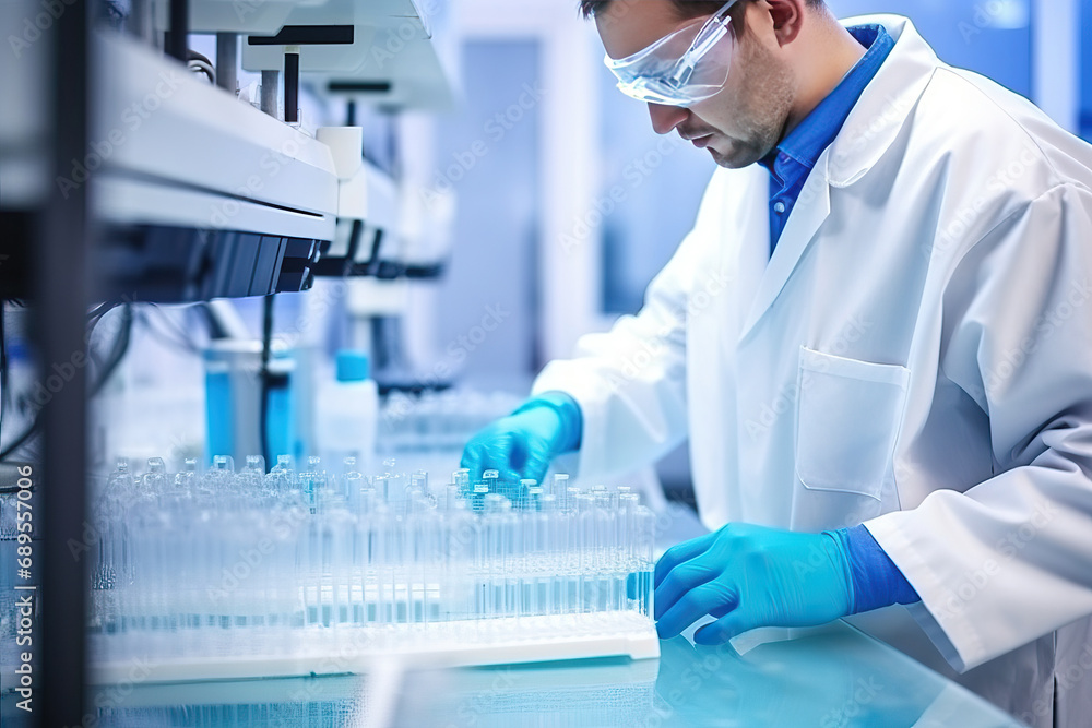 Serious scientist working with microscope in laboratory. Confident mature man in white coat and blue gloves looking at camera while doing research in scientific research laboratory Serious scientist working with microscope in laboratory. Confident mature man in white coat and blue gloves looking at camera while doing research in scientific research laboratory